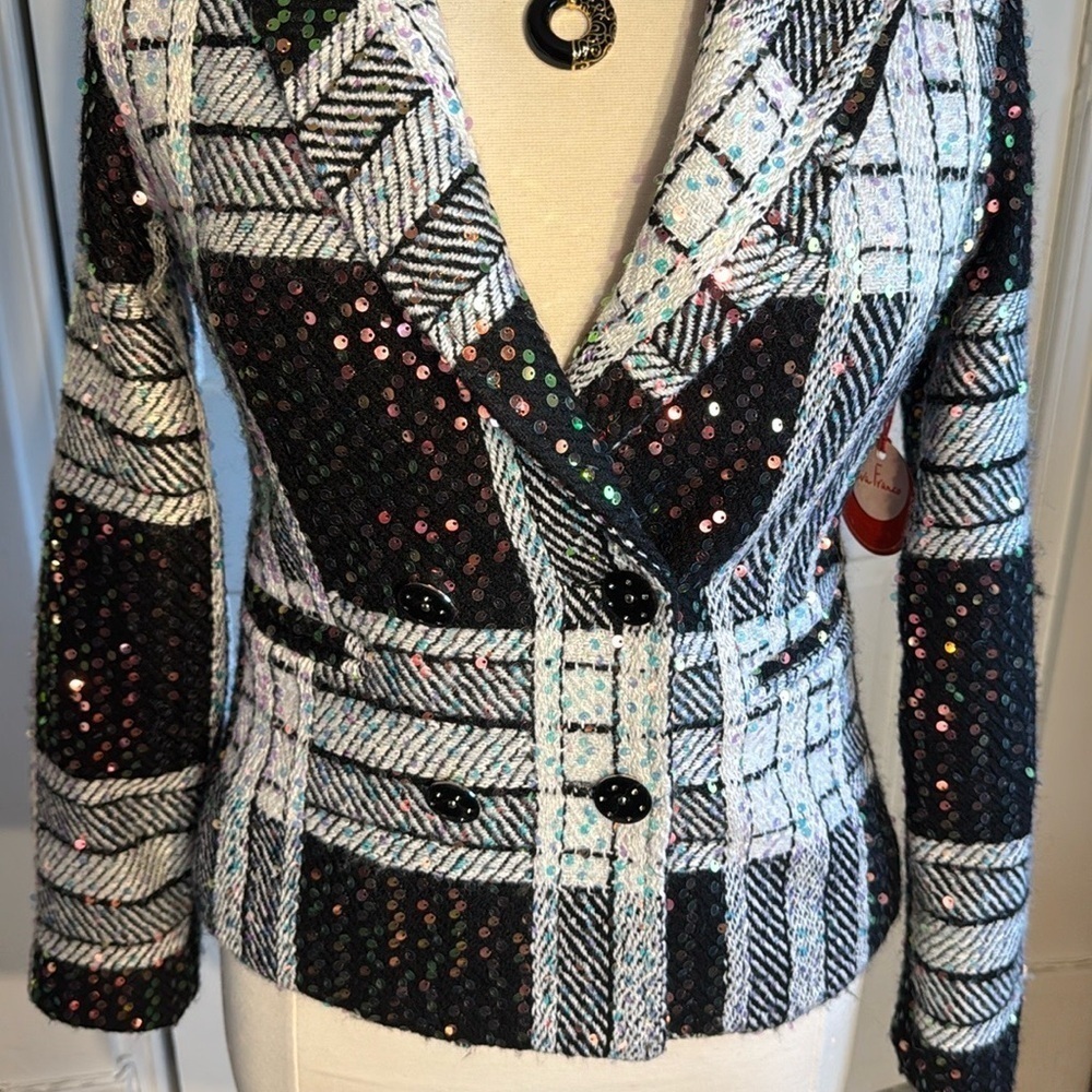 Gorgeous NWT Eva Franco Women's Black and White Sequined Tweed Jacket Lined